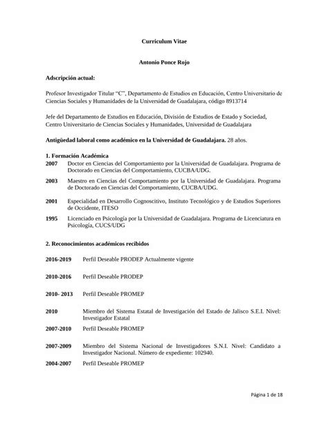 Pdf Curriculum Vitae Antonio Ponce Rojo Une Edu Pe Curriculum