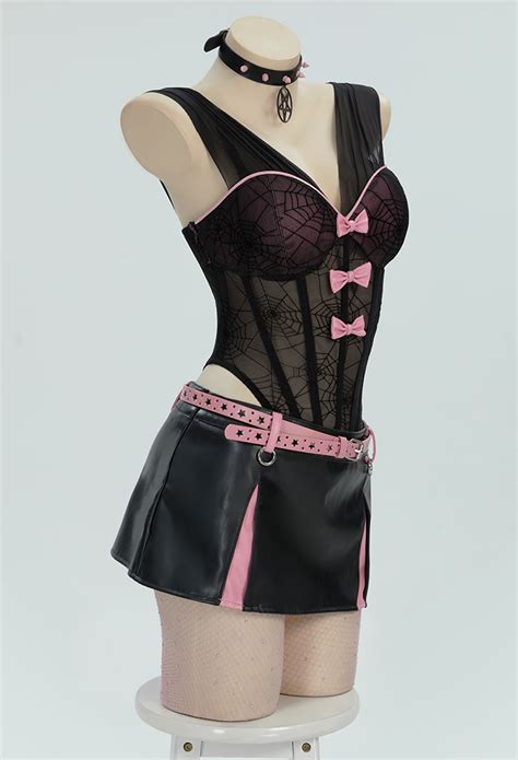 Women Gothic Black Pink Sexy Lingerie Set Dark Style Bowknot V Neck