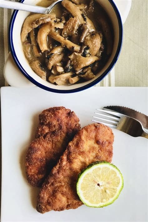 Chicken Schnitzel With Mushroom Peppercorn Sauce Ginger And Sea Salt