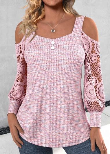 Rotita Patchwork Light Pink Square Neck Long Sleeve T Shirt Rotita