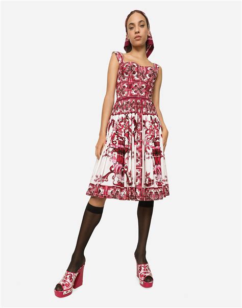 Bustier Midi Dress In Majolica Print Poplin In Multicolor Dolceandgabbana®