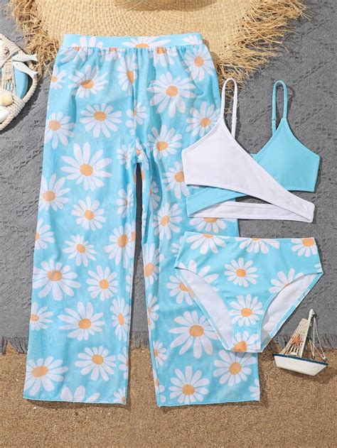 Girls Floral Print Bikini Swimsuit With Cover Up Pants SHEIN USA