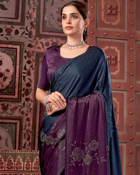 Vishal Prints Dark Navy Blue Premium Satin Saree With Stone Diamond Wo