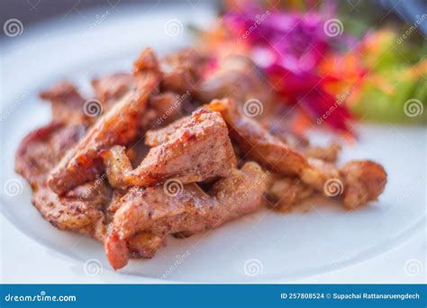 Fried Sun Dried Pork Style Thai Food On White Plate Stock Photo Image