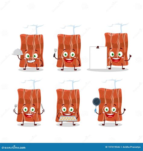 Cartoon Character Of Fried Bacon With Various Chef Emoticons Stock