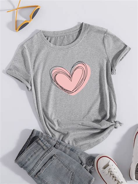 Heart Print Round Neck Tee Clothes For Women Round Neck Tees Cute