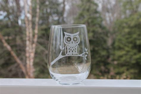 Etched Wine Glass Etched Stemless Wine Glass Owl By Stoneeffectsmd