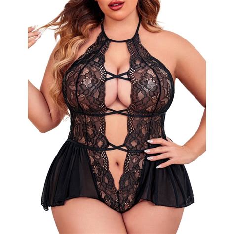 Avidlove Womens Plus Size Lingerie Lace Bodysuit Teddy Deep V One Piece