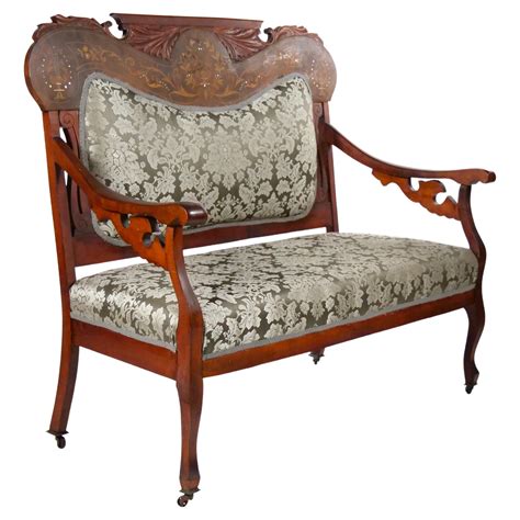 19th Century Mahogany Wood Frame Inlay Marquetry Top Settee For Sale At