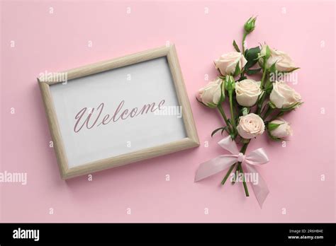 Welcome Card Beautiful Roses And Frame With Word On Pink Background