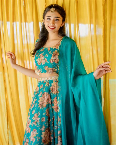 Sea Green Floral Georgette Crop Top And Skirt With Dupatta Set Of Three By Athira Designs