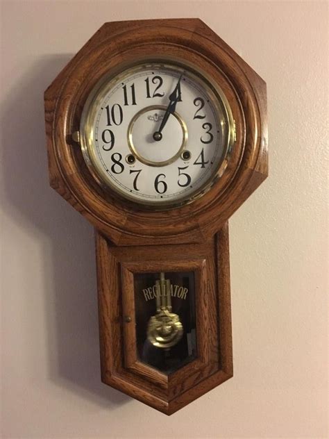 D & A Oak Regulator Chiming Wall Key Wind Clock with Pendulum and Key ...