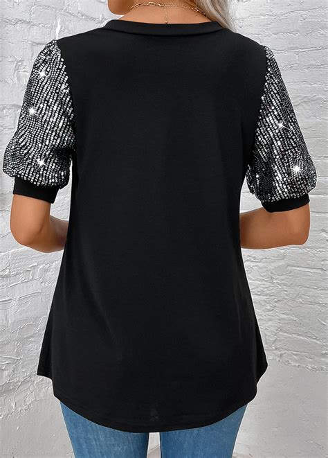 ROTITA Plus Size Sequin Black V Neck T Shirt Rotita USD 20 98