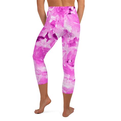 Hot Pink Rose Floral Capris Tights Flower Capri Leggings Womens Yoga Pants Made In Usa Xs