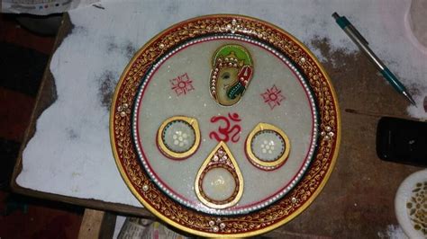 Handicraft Kingdom Marble Puja Thali For Aarti Designer Decorative