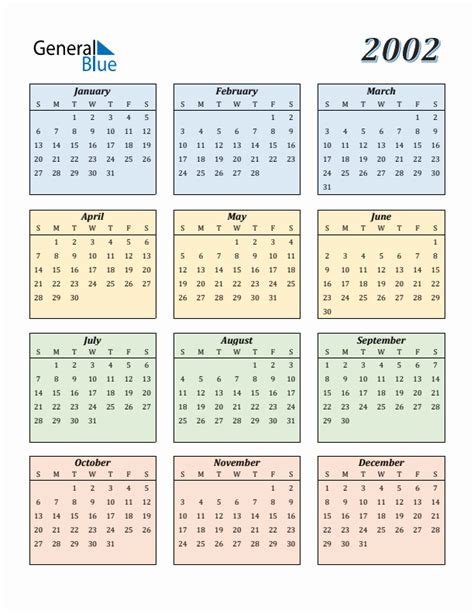 Free 2002 Calendars in PDF, Word, Excel