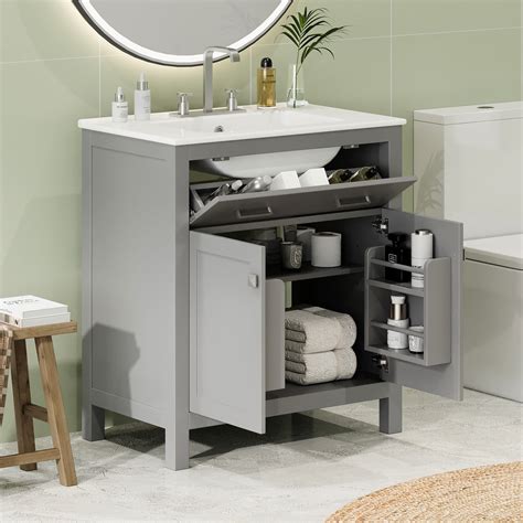 30" Modern Bathroom Vanity. Gray Cabinet With Ceramic Sink. 2 Doors