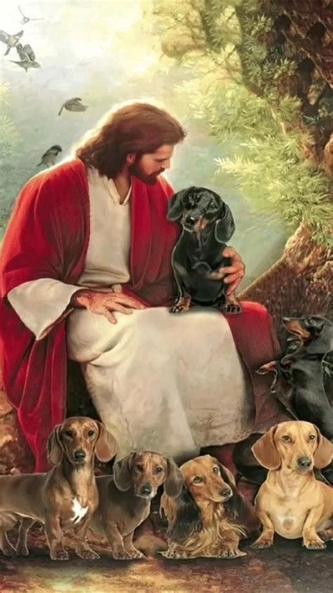 A Painting Of Jesus Sitting On Top Of A Table Surrounded By Dachshunds