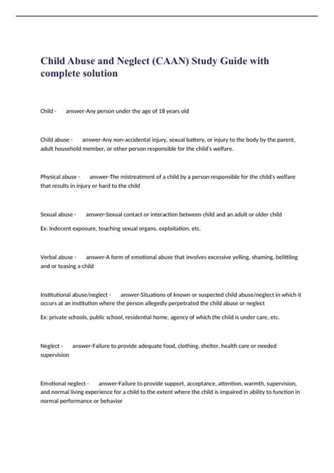 Child Abuse and Neglect (CAAN) Study Guide with complete solution