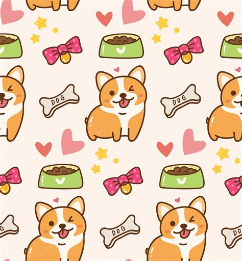 Lindo Perro Con Juguetes Y Comida Kawaii Fondo Vector Premium