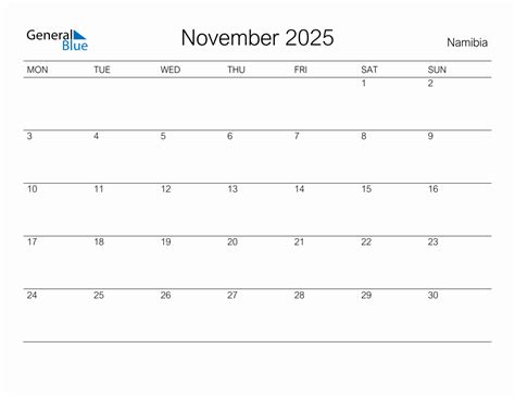 Printable November 2025 Monthly Calendar with Holidays for Namibia