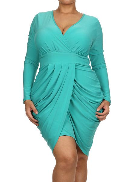 Plus Size Long Sleeve V Neck Bubble Teal Dress Plussizefix