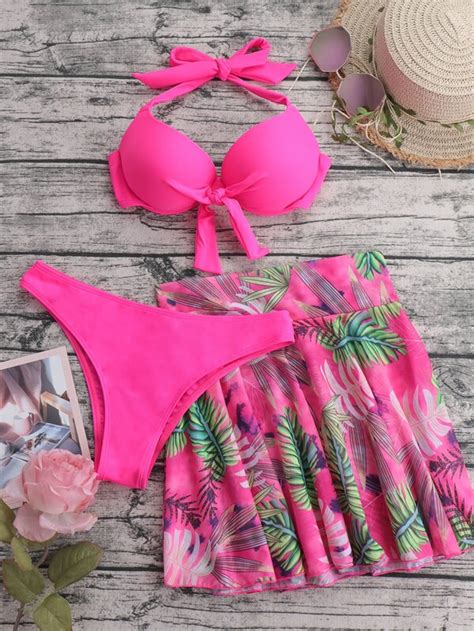 Tropische Print Bikini Set Underwire Halternek Push Up Bh Hipster Onderaan Strandrok Stuks