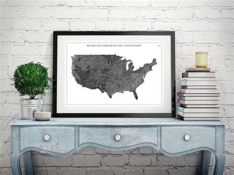 United States Map Wall Art Wall Map Us River And Streams Etsy