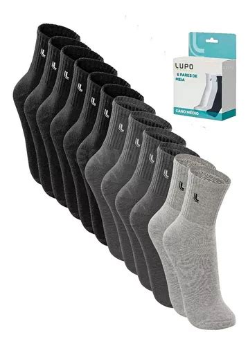 Kit 6 Pares Meias Lupo Masculina Cano Medio Algodão Walk