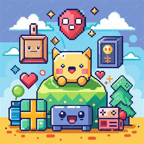 cute pixel art characters  happy faces   yellow background