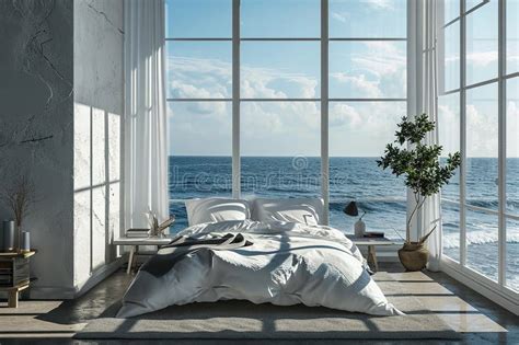 Minimalist Bedroom with Panoramic Ocean Sea View: Modern Coastal Interior Stock Photo - Image of ...