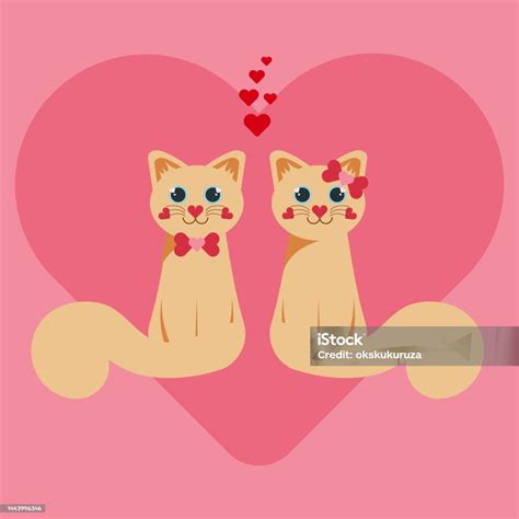 Vetores De Um Casal De Dois Gatos Apaixonados No Fundo Do Coração Rosa Grande Para O Dia Dos