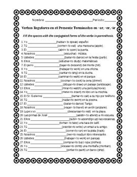 Verbos Regulares En Presente Terminados En Ar Er Ir Worksheet