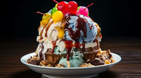 A piled-high ice cream sundae with a variety of toppings. AI Generative ...