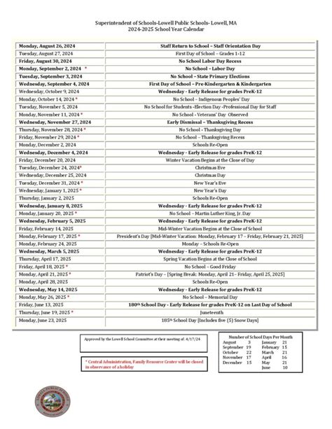 Lowell Public Schools Calendar 2024-2025 in PDF