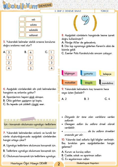 Sinif Deneme Sinavi Etk Le Ml Ve Cevap Anahtarli Dosya