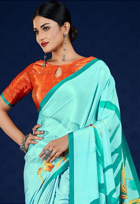 Digital Printed Crepe Saree In Sea Green SPF6719