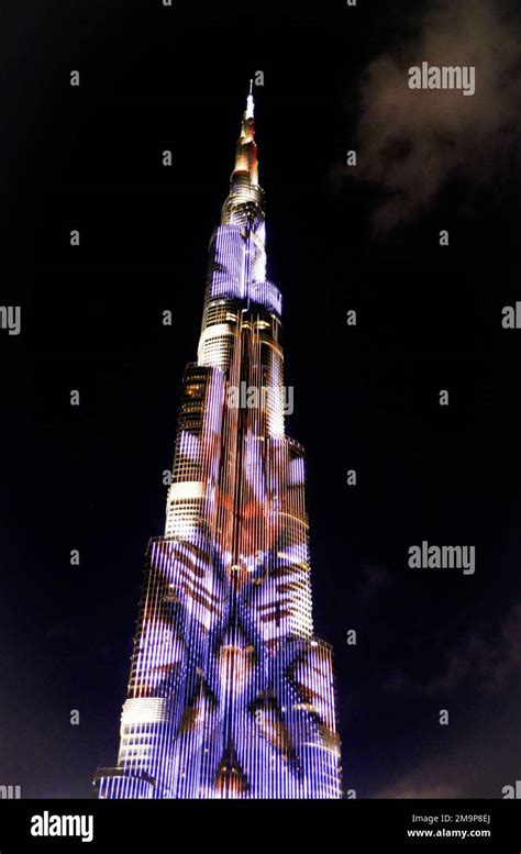 A Vertical Low Angle Shot Of The Illuminated Burj Khalifa Building