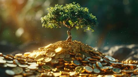 Premium Photo Closeup Of A Tree Growing On A Mound Of Golden Coins