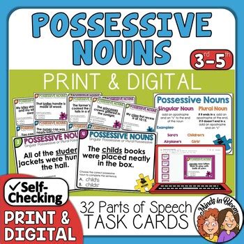 Possessive Nouns Task Cards Singular Plural Print Digital