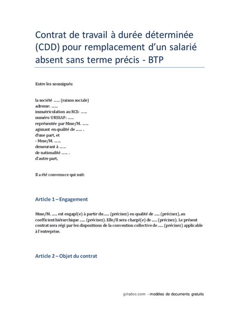 CDD pour remplacement dun salarié absent sans terme précis DOC PDF