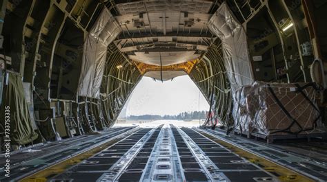 Interior View of Military Cargo Plane During Loading Process on Runway ...