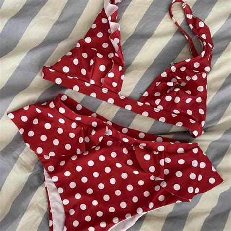 Red Polka Dot High Waisted Bikini With Ruffle Asos Depop