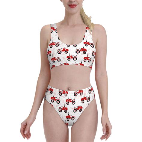 Logiee Red Wheeled Tractors Print Women S 2 Piece Bikini Set Halter Bathing Suit High Waisted