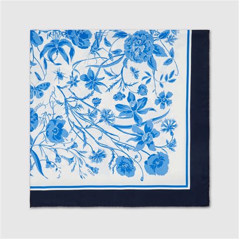 Floral Print Silk Scarf In Light Blue And White Gucci® Us