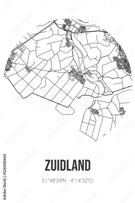 Abstract street map of Zuidland located in Zuid-Holland municipality of ...