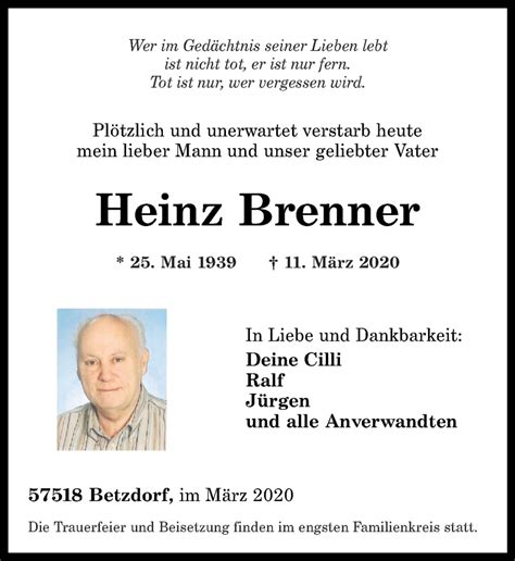 Traueranzeigen Von Heinz Brenner Rz Trauer De