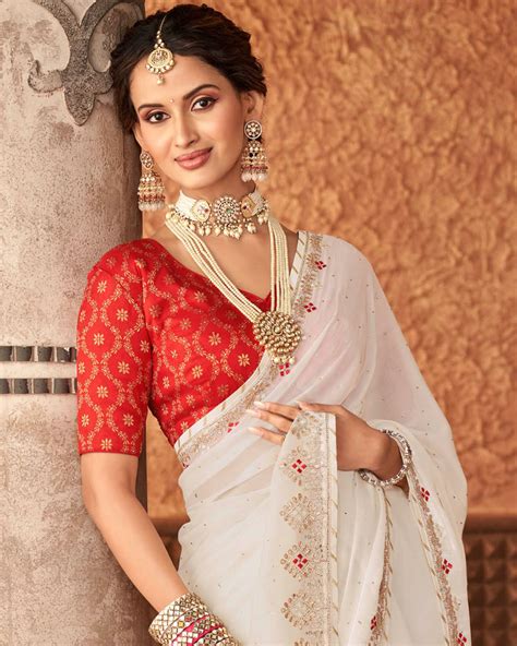 Vishal Prints Off White Designer Organza Saree With Embroidery Diamond