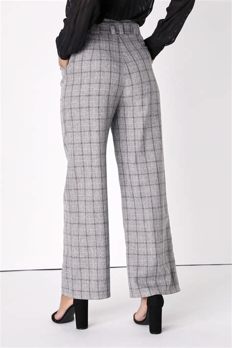 Grey And Black Plaid Pants Paperbag Pants High Waisted Pants Lulus