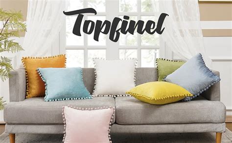 Topfinel Cream Cushion Cover For Bedroom Boho Pompoms Velvet Cushion